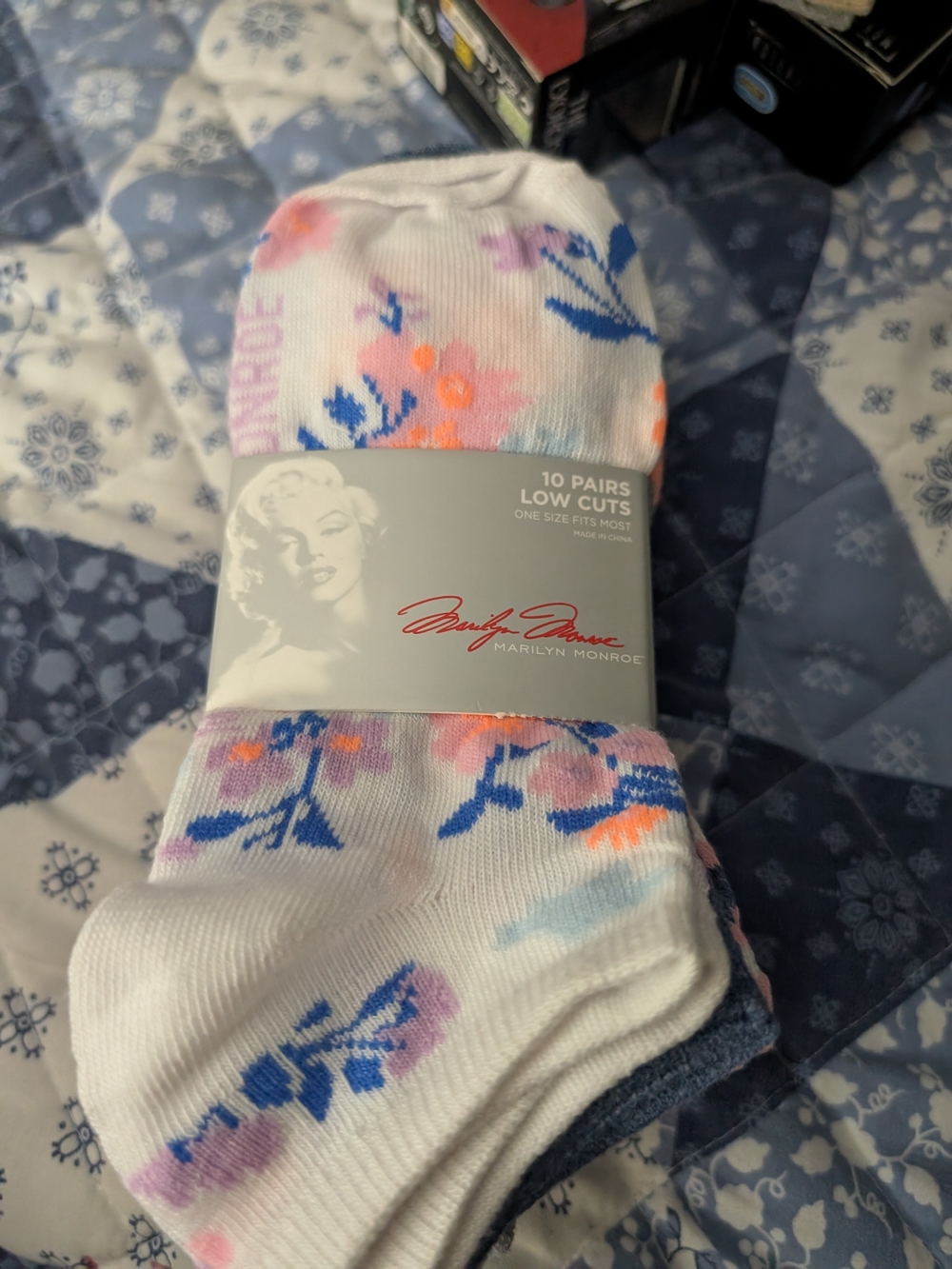 Marilyn Monroe White Low Cut Socks with Blue, Pink & Orange Floral Accents